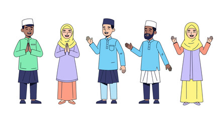 Cheerful Muslim People in Traditional Malay Clothing Offering Greetings and Celebrating a Festive Occasion