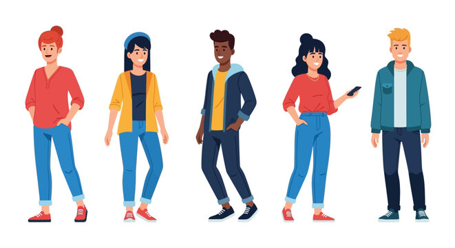 Diverse Group of Five Smiling Young Adults Standing Together in Casual Modern Clothing Illustration