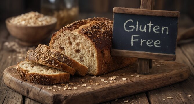 freshly sliced gluten-free bread loaf with seeds on a rustic wooden board and a "gluten free" sign.