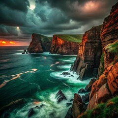 dramatic coastal cliffs with crashing waves and stormy sky illuminated by warm sunlight near horizon