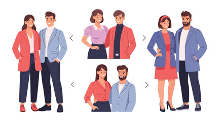 Obraz premium Smiling Diverse Young Adult Couples Showcasing Modern Casual and Smart Business Fashion