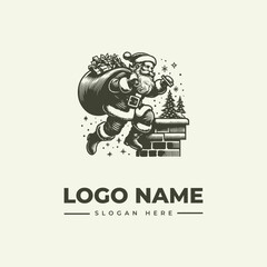 Obraz premium A vintage-style woodcut illustration of Santa Claus climbing a chimney with a sack, surrounded by Christmas trees and stars on a cream background, featuring a logo and slogan space.