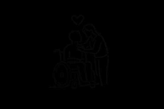 Caregiver helping person in wheelchair with heart symbol representing caring support for elder care