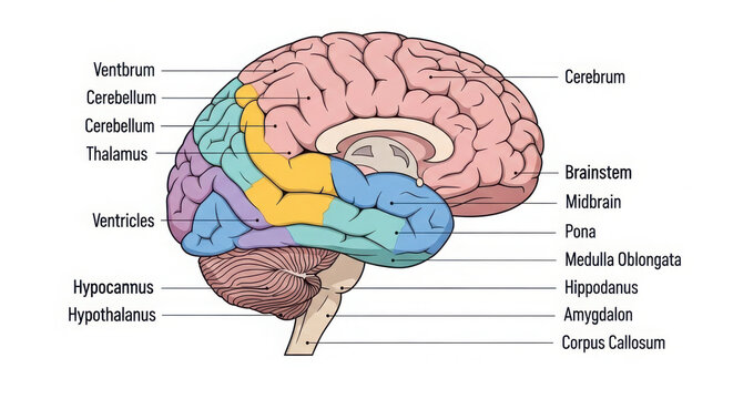 Human brain anatomy diagram labeled cross-section illustration