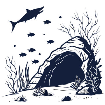 Underwater scene with shark and school of fish