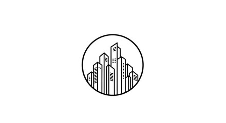 Obraz premium Modern City Skyline Logo inside Circle - Minimalist Stroke Vector Icon