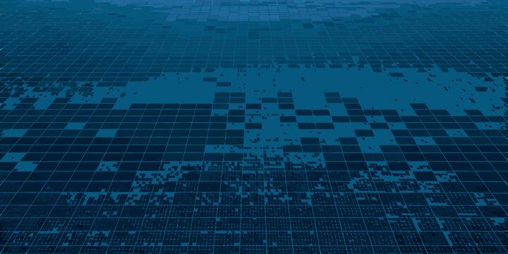 Abstract blue grid background with pixelated distortion and fading effect