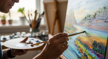 Obraz premium Artist painting colorful landscape on canvas at home