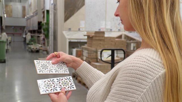 Woman holding patterned ceramic tile samples in home improvement store aisle