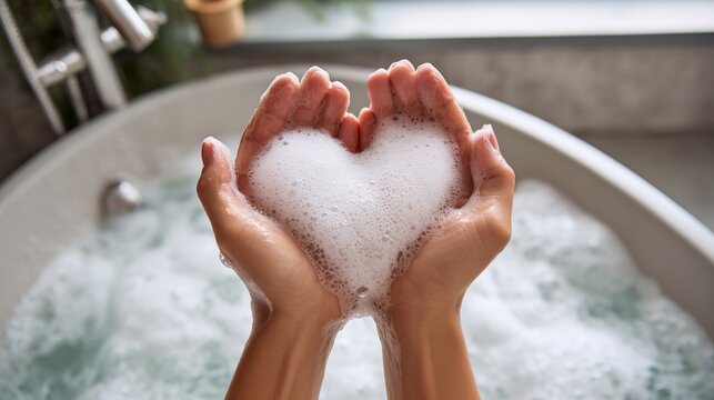 Woman's hands holding bubble foam shaped as a heart above a bathtub for self and personal care concept