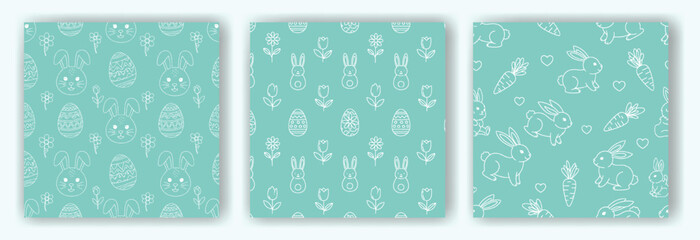 Naklejka premium Set of three teal Easter egg pattern backgrounds with white designs, isolated on a plain white surface for decoration and celebration