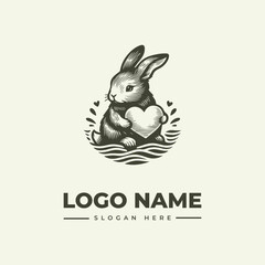 Fototapeta premium A vintage engraving-style logo featuring a rabbit holding a heart, surrounded by decorative elements on a clean background with a woodcut illustration technique.