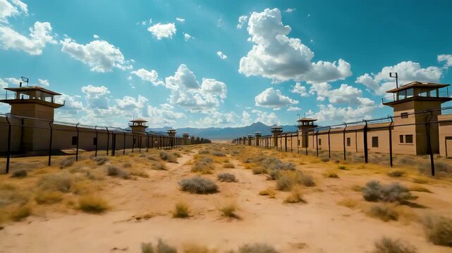 Desert Prison Compound with Guard Towers and Perimeter Fences Under Bright Sky Showing Remote High Security Facility in Arid Landscape