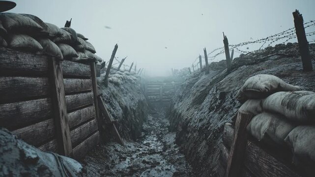 Muddy World War I trench at dawn, rain-soaked wooden supports and sagging sandbags. Abandoned steel helmets rest on the edge, barbed wire silhouetted against a gray, fog-filled sky.
