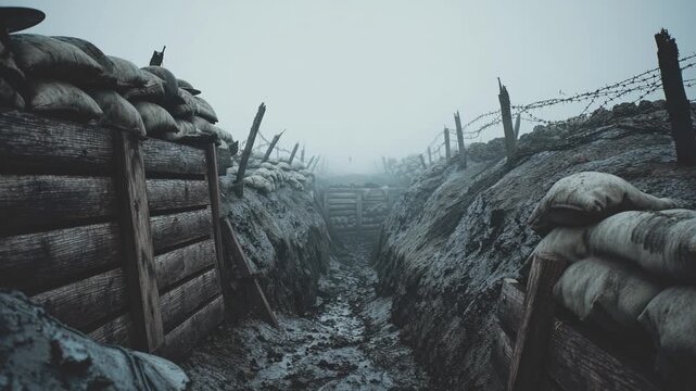 Muddy World War I trench at dawn, rain-soaked wooden supports and sagging sandbags. Abandoned steel helmets rest on the edge, barbed wire silhouetted against a gray, fog-filled sky.
