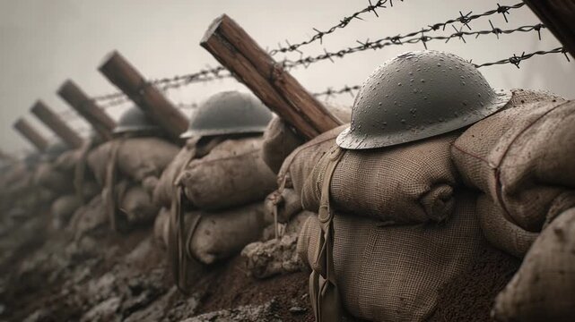 Muddy World War I trench at dawn, rain-soaked wooden supports and sagging sandbags. Abandoned steel helmets rest on the edge, barbed wire silhouetted against a gray, fog-filled sky.
