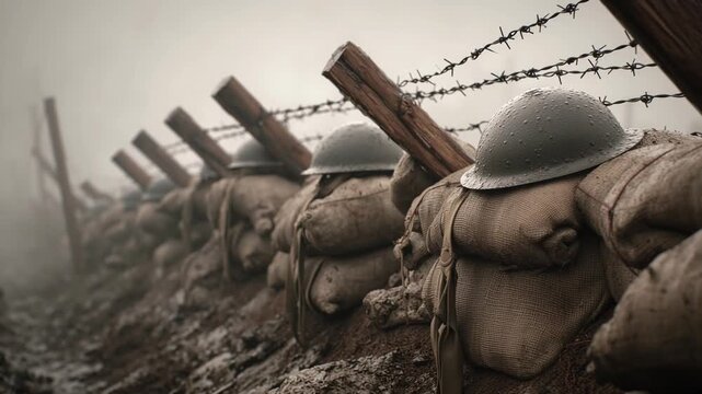 Muddy World War I trench at dawn, rain-soaked wooden supports and sagging sandbags. Abandoned steel helmets rest on the edge, barbed wire silhouetted against a gray, fog-filled sky.
