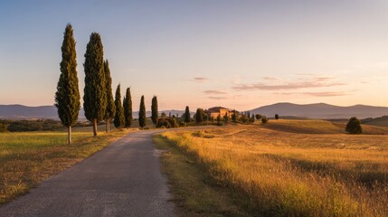 tuscan. Scenic Tuscan countryside road winding through rolling hills under warm sunset light. inspiring travel planning, travel magazines, designed for travel destination branding.
