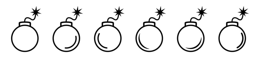 Bomb Line Icon Set. Bomb with Burning Fuse Line Icon Set. © Maksim
