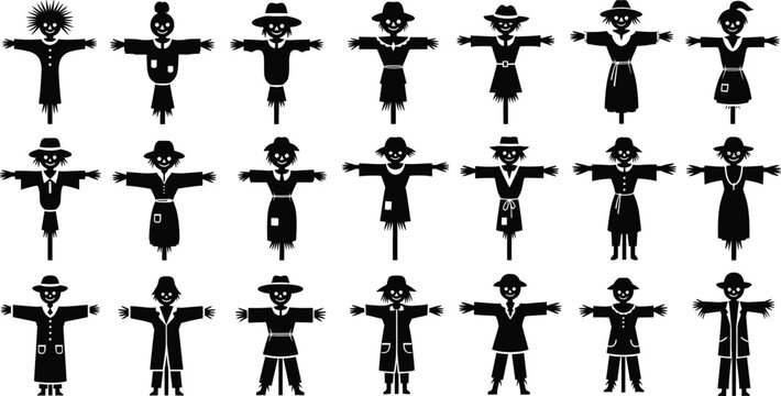 Scarecrow silhouette icon set with different farmer straw man poses for halloween harvest and agriculture designs