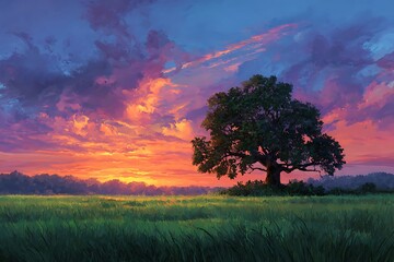 Fototapeta premium Solitary tree stands firm in a vibrant meadow beneath a dramatic, colorful twilight sky
