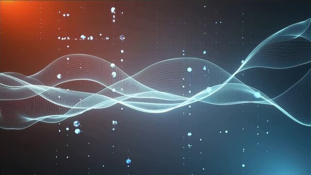 Minimal futuristic abstract background with subtle glitch, orange red blue gradients, flowing digital waves and particles, clean tech UI, seamless loop, 4K