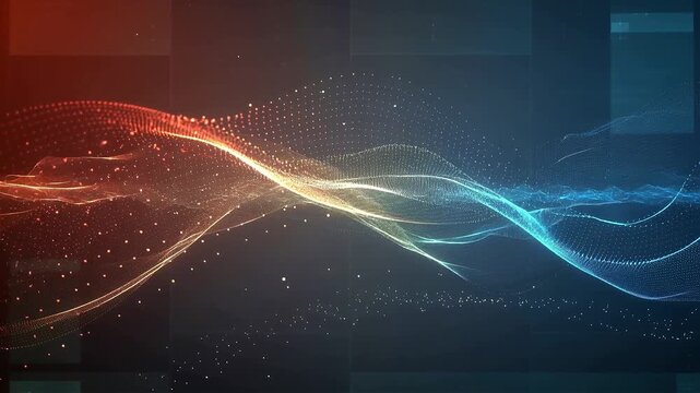 Minimal futuristic abstract background with subtle glitch, orange red blue gradients, flowing digital waves and particles, clean tech UI, seamless loop, 4K