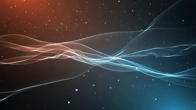 Minimal futuristic abstract background with subtle glitch, orange red blue gradients, flowing digital waves and particles, clean tech UI, seamless loop, 4K