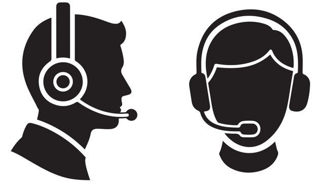 Dual Headset Support Agent Silhouettes For Call Center Service, Customer Contact And Helpdesk Communication