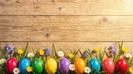 Obraz premium colorful Easter eggs with grass, spring flowers on aged wooden plank background. ideal as an Easter-themed banner or promotional design