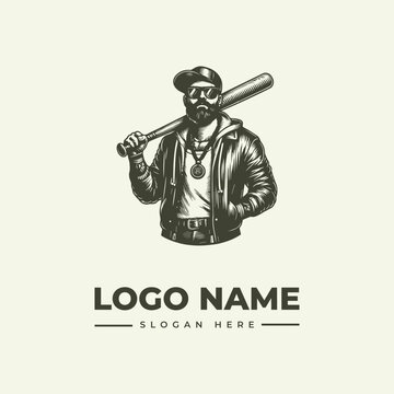 A vintage-style woodcut illustration of a man holding a baseball bat over his shoulder, wearing a leather jacket and cap, with a logo name and slogan on a plain background.