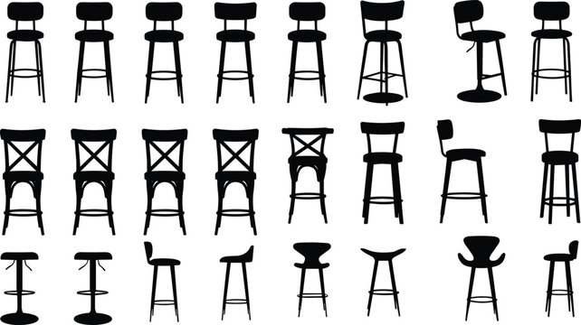 Bar stool and chair silhouette icon set with various seating styles for cafe pub restaurant furniture designs