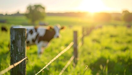 blur background A cow grazes in a lush green meadow under a blue sky with clouds at sunset near a rustic farm fence in the rural countryside landscape