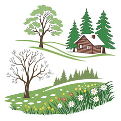 Serene forest landscape with cabin