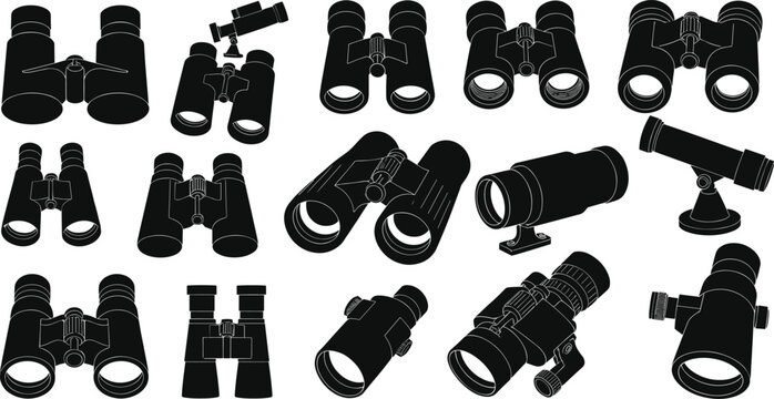 Binocular and telescope silhouette icon set for astronomy birdwatching surveillance and outdoor observation equipment designs