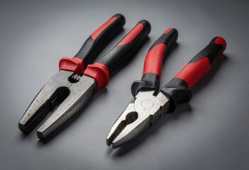 Obraz premium A pair of red and black pliers on a gray surface