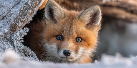 Obraz premium Fox Cub Peeking from Snowy Burrow