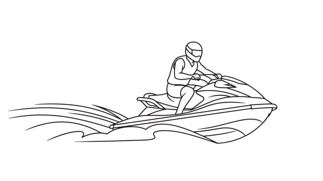 A simple black and white line drawing depicts a person riding a jet ski on water