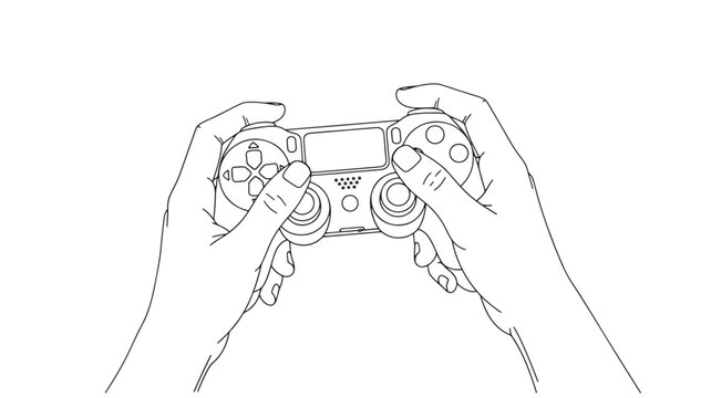 A minimalist line drawing depicts two hands firmly gripping a modern video game controller high quality professional