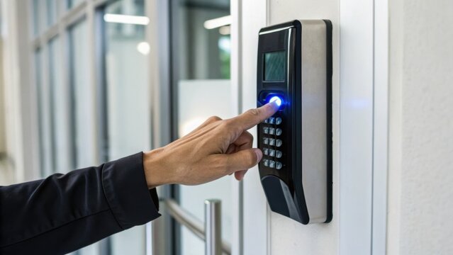 A hand using a biometric access control system to unlock a door, showcasing modern security technology in a contemporary setting.