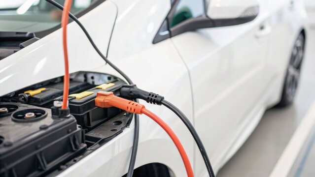 Car battery being charged with jumper cables in a garage setting, showcasing automotive maintenance.