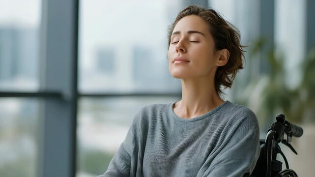 A wheelchair user practicing mindfulness or meditation near a large window with natural light, focusing on mental health, inner balance, and holistic wellness. cinematic color correction, natural