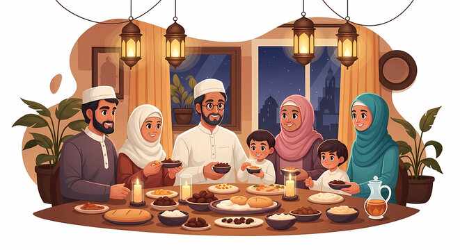 Muslim family enjoying iftar together with traditional food