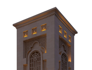 Naklejka premium Evening view, illuminated eastern buildings. Architectural elements of buildings, ancient arches and columns. On the streets of the Emirates, in public spaces.