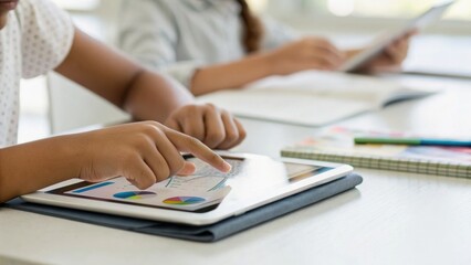 Fototapeta premium Student interacting with a tablet while another reads, showcasing modern learning and technology in an educational environment.