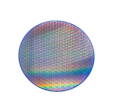 Semiconductor silicon wafer disk chip made of silicon isolated on white background used in electronics for the fabrication of integrated circuits.