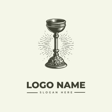 A vintage-style woodcut illustration of a chalice with a logo and slogan on a beige background, resembling an old engraving.