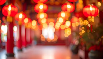 blur background Festive Chinese New Year lanterns and red gold ornaments glow like holiday lunar lights for a winter celebration season night