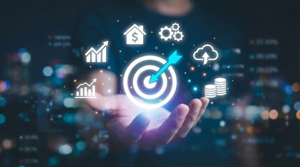 Fototapeta premium A hand holds a glowing target with arrow surrounded by business and technology icons against a blurred city backdrop high quality professional