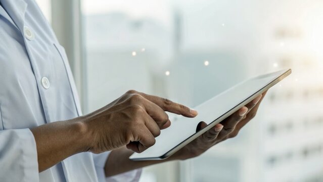 A person in a lab coat interacts with a tablet device, suggesting a focus on technology and healthcare.